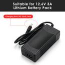 LiitoKala 12.6V 3A charger guide showing the DC 5.5×2.1mm output plug and compatibility: Suitable for 12.6V 3A Lithium Battery Pack (3S Li-ion), but NOT for 14.6V 5A LiFePO4 Battery Pack (4S LiFePO4). Please verify your battery type before ordering.