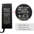 LiitoKala 12.6V 5A charger technical specifications: Model Lii-126500, Input 100-240V AC, Output 12.6V DC 5.0A, DC 5.5×2.1mm plug, dimensions 139×67×30mm, CE RoHS IP20 certified.