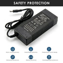 LiitoKala 12.6V 5A charger featuring constant current & constant voltage (CC/CV) charging, over-current protection, over-voltage protection, and CE/RoHS/IP20 safety certifications.