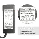 LiitoKala 14.6V 3A LiFePO4 charger technical specifications: Model Lii-146300, Input 100-240V AC, Output 14.6V DC 3.0A, DC 5.5×2.1mm plug, dimensions 58×31×140mm, CE RoHS FCC certified.