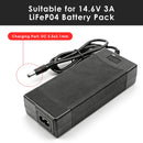 LiitoKala 14.6V 3A LiFePO4 charger guide showing the DC 5.5×2.1mm output plug and compatibility: Suitable for 14.6V 3A LiFePO4 Battery Pack (4S LiFePO4), but NOT for 16.8V Li-ion Battery Pack (4S Li-ion) or 25.2V Lithium Battery Pack. Please verify your battery type before ordering.