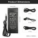 LiitoKala 14.6V 5A LiFePO4 charger detailed dimensions measuring 58mm width by 31mm depth by 140mm height, with input voltage and output current specifications.