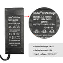LiitoKala 14.6V 5A LiFePO4 charger technical specifications: Model Lii-146500, Input 100-240V AC, Output 14.6V DC 5.0A, DC 5.5×2.1mm plug, dimensions 58×31×140mm, CE RoHS FCC certified.