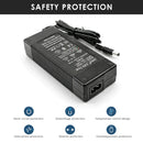 LiitoKala 14.6V 5A LiFePO4 charger featuring constant current & constant voltage (CC/CV) charging, over-current protection, over-voltage protection, and CE/RoHS/FCC safety certifications.