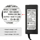LiitoKala 16.8V 2A charger technical specifications: Model Lii-186200, Input 100-240V AC, Output 16.8V DC 2.0A, DC 5.5×2.1mm plug, dimensions 47×30×112mm, CE RoHS FCC certified.
