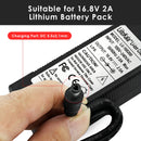 LiitoKala 16.8V 2A charger guide showing the DC 5.5×2.1mm output plug and compatibility: Suitable for 16.8V 2A Lithium Battery Pack (4S Li-ion), but NOT for 14.6V 5A LiFePO4 Battery Pack (4S LiFePO4). Please verify your battery type before ordering.