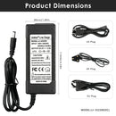 LiitoKala 25.2V 2A charger detailed dimensions measuring 48mm width by 30mm depth by 115mm height, with input voltage and output current specifications.
