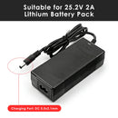  LiitoKala 25.2V 2A charger guide showing the DC 5.5×2.1mm output plug and compatibility: Suitable for 25.2V 2A Lithium Battery Pack (6S Li-ion), but NOT for 14.6V 5A LiFePO4 Battery Pack (4S LiFePO4). Please verify your battery type before ordering.