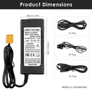 LiitoKala 25.2V 2A XT60 charger detailed dimensions measuring 48mm width by 30mm depth by 115mm height, with input voltage and output current specifications.