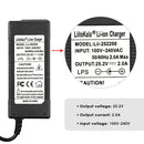 LiitoKala 25.2V 2A XT60 charger technical specifications: Model Lii-252200, Input 100-240V AC, Output 25.2V DC 2.0A, XT60 plug, dimensions 48×30×115mm, FCC CE RoHS certified.