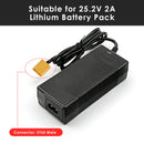 LiitoKala 25.2V 2A XT60 charger guide showing the XT60 output plug and compatibility: Suitable for 25.2V 2A Lithium Battery Pack (6S Li-ion), but NOT for 14.6V 5A LiFePO4 Battery Pack (4S LiFePO4). Please verify your battery type before ordering.