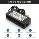 LiitoKala 25.2V 2A XT60 charger featuring constant current & constant voltage (CC/CV) charging, over-current protection, over-voltage protection, and FCC/CE/RoHS safety certifications.