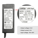 LiitoKala 29.2V 2A LiFePO4 charger technical specifications: Model Lii-292200, Input 100-240V AC, Output 29.2V DC 2.0A, DC 5.5×2.1mm plug, dimensions 50×31×116mm, CE RoHS FCC certified.