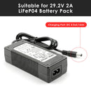 LiitoKala 29.2V 2A LiFePO4 charger guide showing the DC 5.5×2.1mm output plug and compatibility: Suitable for 29.2V 2A LiFePO4 Battery Pack (8S LiFePO4), but NOT for 25.2V 2A Lithium Battery Pack (6S Li-ion) or 14.6V 5A LiFePO4 Battery Pack (4S LiFePO4). Please verify your battery type before ordering.