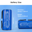 LiitoKala 32700 3.2V 7000mAh LiFePO4 battery detailed size diagram showing 32mm diameter and 70mm height with weight and tech specs.