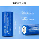 LiitoKala 32700 3.2V 7000mAh LiFePO4 battery detailed dimensions showing 32mm diameter and 70mm height with weight and technical specs table.