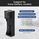 LiitoKala Lii-100 charger compatibility chart showing support for 18650, 18500, 14500, 10440, 26650, AA, AAA, SC and C batteries.
