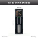 LiitoKala Lii-100 charger detailed dimensions measuring 113mm height, 38mm width, 32mm depth, with 5V/1A output specs.