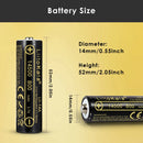 LiitoKala Lii-14A 14500 800mAh battery detailed dimensions showing Flat Top 14×50mm, Button Top 14×52mm, and Nickel Tab 14×51mm lengths, with 3.7V nominal voltage and 0.5C charge/discharge specs.