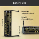 LiitoKala Lii-14A 14500 800mAh battery detailed dimensions showing Flat Top 14×50mm, Button Top 14×52mm, and Nickel Tab 14×51mm lengths, with 3.7V nominal voltage and 0.5C charge/discharge specs.