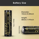 LiitoKala Lii-14A 14500 800mAh battery detailed dimensions showing Flat Top 14×50mm, Button Top 14×52mm, and Nickel Tab 14×51mm lengths, with 3.7V nominal voltage and 0.5C charge/discharge specs.