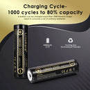 LiitoKala Lii-35A 18650 battery chart showing 3500mAh high capacity, 10A continuous discharge, and 1000 cycle life with 50% capacity retention.