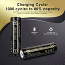 LiitoKala Lii-35A 18650 battery chart showing 3500mAh high capacity, 10A continuous discharge, and 1000 cycle life with 50% capacity retention.