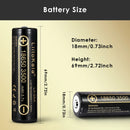  LiitoKala Lii-35A 18650 battery detailed dimensions showing Flat Top 65mm, Button Top 67.05mm, and Protected Top 69mm lengths, weighing 48g with 10A discharge specs.