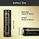  LiitoKala Lii-35A 18650 battery detailed dimensions showing Flat Top 65mm, Button Top 67.05mm, and Protected Top 69mm lengths, weighing 48g with 10A discharge specs.