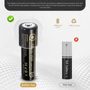 LiitoKala Lii-35A 18650 battery terminal guide showing Flat Top (65mm) and Button Top (67.05mm) options. Button Top adds ~2mm length for spring-loaded devices.