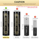 LiitoKala Lii-35A 18650 battery terminal guide showing Flat Top (65mm), Button Top (67.05mm), and Protected Top (69mm) options for different device compatibility.