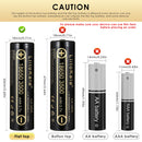 LiitoKala Lii-35A 18650 battery terminal guide showing Flat Top (65mm), Button Top (67.05mm), and Protected Top (69mm) options for different device compatibility.
