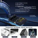  LiitoKala Lii-500S charger showing selectable 500mA, 700mA, 1000mA, and 2000mA (2A) charging currents, high-definition LCD touch screen, and AC/DC power adapter input.