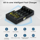 LiitoKala Lii-500S smart charger 8-layer safety protection system with flame-retardant materials, overcharge, over-discharge, overcurrent, short-circuit, and reverse polarity protection.
