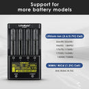 LiitoKala Lii-500S charger compatibility chart supporting Li-ion 10440, 14500, 16340, 18650, 21700, 26650 and NiMH AA, AAA, SC, C, D batteries.