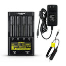 LiitoKala Lii-500S 4-slot smart charger with EU plug, including a car adapter for on-the-go charging of Li-ion and NiMH batteries.
