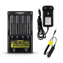 LiitoKala Lii-500S 4-slot smart charger with UK plug, including a car adapter for on-the-go charging of Li-ion and NiMH batteries.