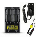 LiitoKala Lii-500S 4-slot smart charger with US plug, including a car adapter for on-the-go charging of Li-ion and NiMH batteries.