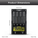 LiitoKala Lii-500S charger detailed dimensions measuring 158mm by 147mm by 40mm, weighing 560g with packaging box, and 12V/2A DC input specs.