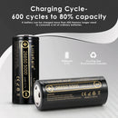 LiitoKala Lii-50A 26650 5000mAh battery cycle life chart showing stable 5000mAh capacity retention after 600 charge and discharge cycles.