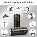  LiitoKala Lii-50A 26650 5000mAh battery detailed dimensions measuring 26.3mm diameter by 65.2mm height, with technical specs table and weight.
