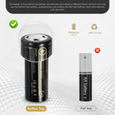 LiitoKala Lii-50A 26650 5000mAh battery terminal comparison guide showing the difference between button top for spring-loaded devices and flat top for spot welding.
