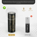 LiitoKala Lii-50A 26650 5000mAh battery terminal comparison guide showing the difference between button top for spring-loaded devices and flat top for spot welding.