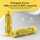 LiitoKala Lii-50E 21700 battery chart showing 5000mAh high capacity, 10A continuous discharge, and 1000 cycle life with 50% capacity retention.