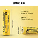 LiitoKala Lii-50E 21700 battery detailed dimensions showing Flat Top 70.9mm and Button Top 72mm lengths, 21.7mm diameter, weighing 67-70g with 10A discharge specs.