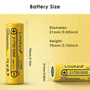 LiitoKala Lii-50E 21700 battery detailed dimensions showing Flat Top 70.9mm and Button Top 72mm lengths, 21.7mm diameter, weighing 67-70g with 10A discharge specs.