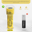 LiitoKala Lii-50E 21700 battery terminal guide showing Flat Top (70.9mm) and Button Top (72mm) options. Button Top adds ~1mm length for spring-loaded devices.