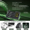 LiitoKala Lii-600 charger showing selectable 250mA to 3000mA (3A) charging currents, high-definition touch screen LCD and DC 12V/5A power adapter input.