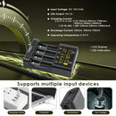 LiitoKala Lii-600 charger showing selectable 250mA to 3000mA (3A) charging currents, touch screen LCD display, and DC 12V/5A power adapter input.