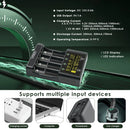 LiitoKala Lii-600 charger showing selectable 250mA to 3000mA (3A) charging currents, touch screen LCD display, and DC 12V/5A power adapter input.
